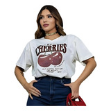 Camiseta Feminina Cereja Estampada Larga Tendência Cherry 