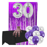 Kit Decoração Balão Numero Bexiga Cortina Tnt Maozinha 15pçs Cor Roxo E Prata Wandinha