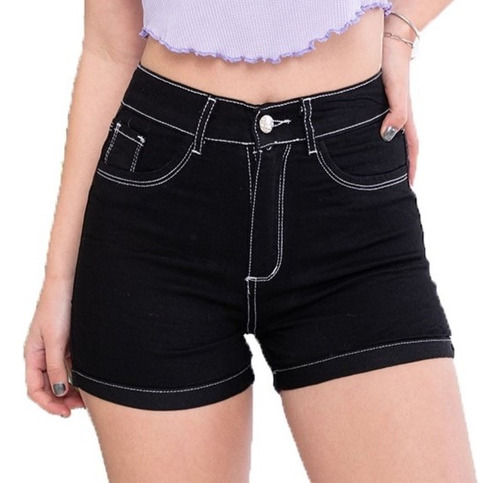 Short Jean Elastizado Mujer Denim Tiro Alto Dama Negro Blanc