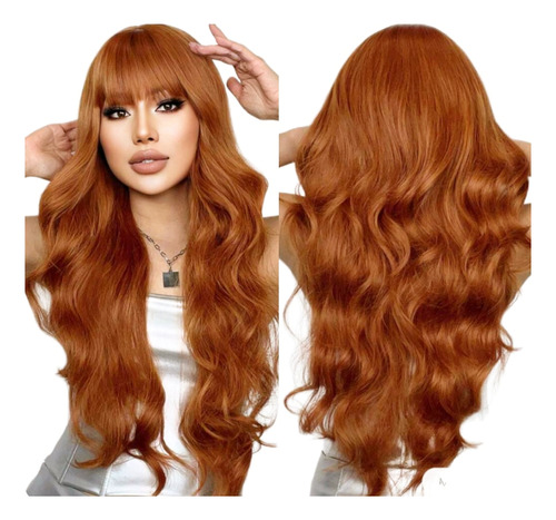 Peruca Lace Wig Ruiva Laranjinha Longa Franja Ondulada 