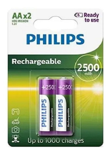 Pilhas Recarregavel Philips 2500mah Aa Original Kit C/ 2 Un