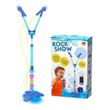 Microfone Infantil Musical Duplo C Luz Na Base Infantil Azul