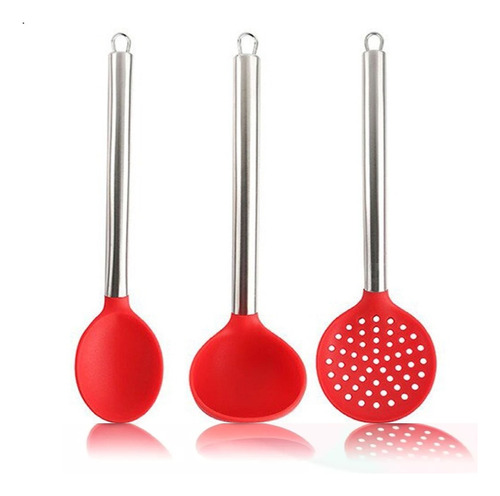 Jogo Silicone Colher Concha Escumadeira Utensílios Cozinha Cor Vermelho