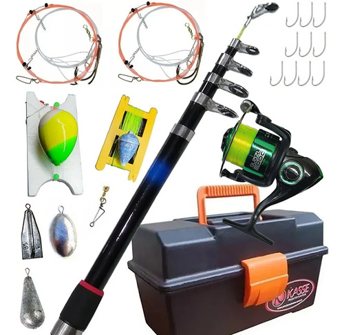 Combo Completo Caña Reel Caja De Pesca Lineas Plomadas +++