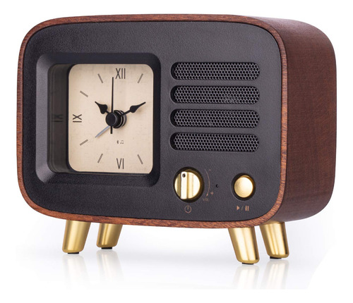 Bew Reloj Despertador Bluetooth De Madera Retro, Altavoz Vi.