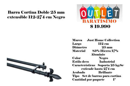 Barra De Cortina Doble 112/274 25mm Negro Just Home 