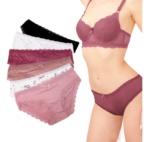 Paquete 6 Calzones Panty Bikini Juvenil Con Encaje Sexybox