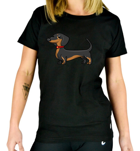 Remera Mujer Negra Algodón Perro Salchicha  Personalizada 