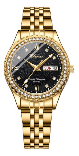 Elegante Reloj Dorado Para Mujer A Prueba De Agua Y Brillant