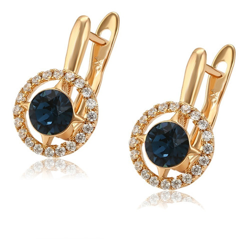 Aretes Oro 18k Swarovski  Diamantadas Azul Premium De Lujo