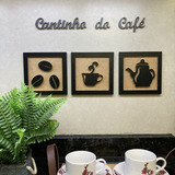 Kit 3 Quadros Decorativos Cantinho Do Café + Frase 3d Relevo Cor Preto E Rústico
