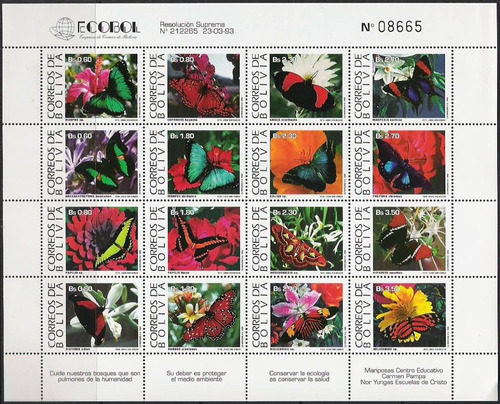 Fauna - Mariposas - Flores  - Bolivia 1993 - Hojita Mint