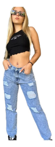 Jeans Mom Mujer Pantalón Tiro Alto Rígido Con Roturas