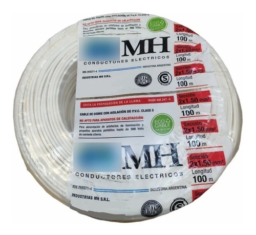 Cable Bipolar 2x1,5 Mm Normalizado Iram Blanco Mh X 100 Mts