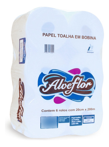 Papel Toalha Bobina 6 Rolos 20x200 M 100% Celulose Alveflor