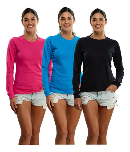Paquete 3 Playera Manga Larga Mujer Dama 100% Algodon Alfani