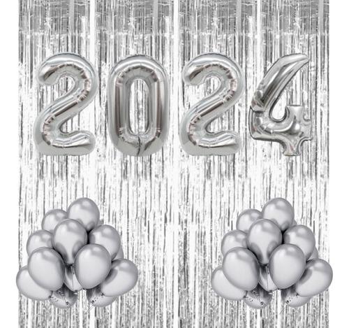 Super Kit Feliz Ano Novo Balões 2 Cortinas Prata 25 Bexigas