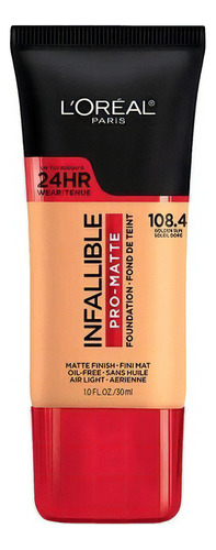 Base De Maquillaje Líquida L'oréal Paris Pro-matte Liquid Foundation Tono 108.4 Golden Sun - 30ml