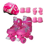 Patins Infantil Menina Rosa Pink 4 Rodas Led + Kit Proteção
