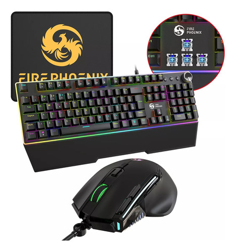 Kit Teclado Mouse Mecânico Abnt2 Gamer Rgb Switch Blue Bk-04