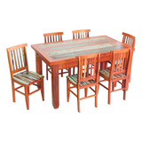 Conjunto Mesa De Jantar 1,5 M Com 6 Cadeiras Mineira Com Pátina Desenho Do Tecido Das Cadeiras Liso