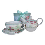 Tetera Taza+plato De Ceramica Taza 300ml / Tetera 400 Ml Color Flores 2