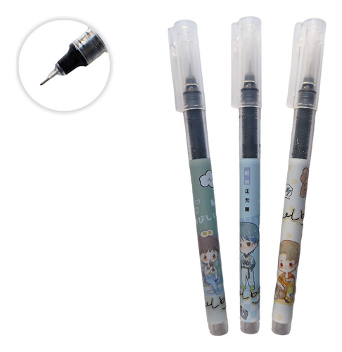 Set X3 Boligrafos Lapiceras Anime Kawaii Tinta Negra 14cm