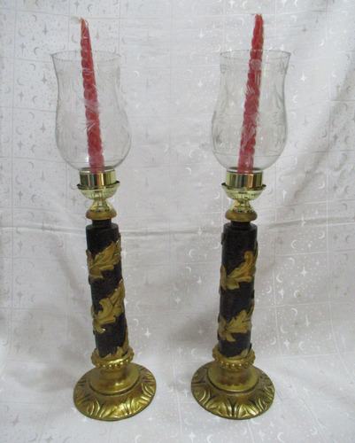 Par Candelabros Madera Tallada Policromada Fanales Cristal