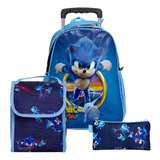 Kit Mochila Escolar Menino Sonic Aulas Reforçada Rodinhas