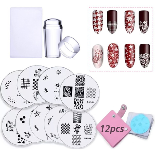 12 Set Sello Uñas: Placa Estampas Raspador Bolsa Organizador