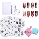 12 Set Sello Uñas: Placa Estampas Raspador Bolsa Organizador