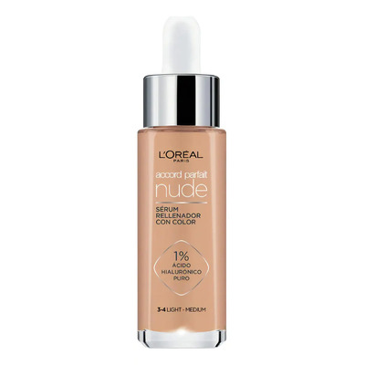 L'Oréal Paris True Match Sérum Rellenador con Color, Base de Maquillaje en Sérum con Ácido Hialurónico, Acabado Luminoso, Piel Uniforme y Radiante, Tono Light Medium 3-4, 30 ml | Envío gratis