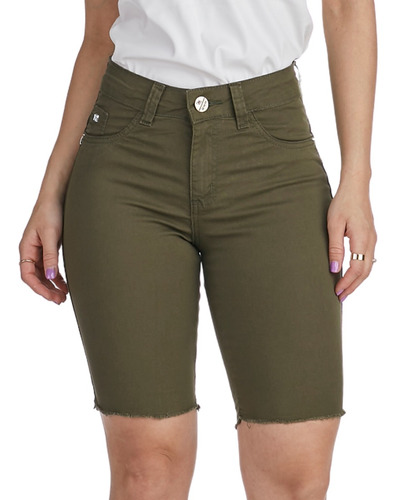Short Jeans Feminina Verde Musgo Cintura Alta Luxo Premium