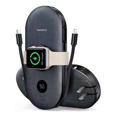 Swanscout 302a - Banco De Energía 10000mah Carga Rápida Para iPhone 17/16 Y Apple Watch, Cable Integrado + Enchufe Pared Ca, Compatible Con Watch Series 11/ultra 3/se 3/ultra/9/8/7/6/5 Negro