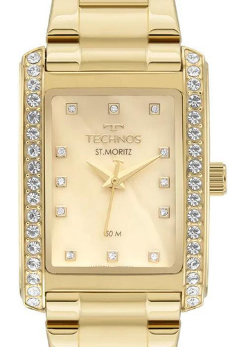 Relogio Technos Feminino Dourado Quadrado Pedrinhas Strass