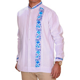 Guayabera Yucateca Modelo Colibrí Bordado Azul, Lino Flame 