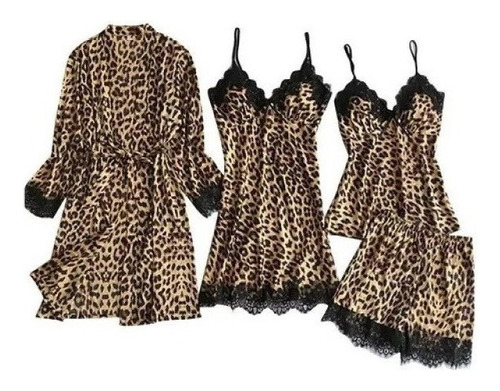 Pijama Y Bata De 4 Piezas Con Estampado De Leopardo Sexy