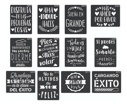 Pack Kit X 12 Stencil Frase Positiva No Vinilo 21x29cm Combo