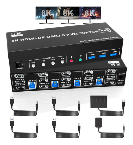 8k 60hz 2 Displayport +hdmi Usb3.0 Kvm Switch 3 Monitores 4.