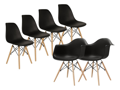 Set 4 Sillas + 2 Sillones Eames Diseño Moderno Pata Madera 