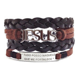 Bracelete Masculino Pulseira Couro Tudo Posso Jesus Fé