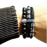 Conjunto Pulseras De Cuero Y Piedra Onix Hombre Moda 2019