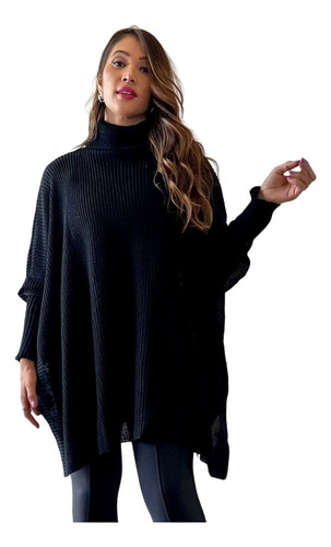 Blusa Feminina Tricot Poncho Kmono Manga Longa Gola Alta 