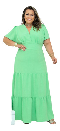 Vestido Longo Moda Evangelica Plus Size Manga Bufante Luxo