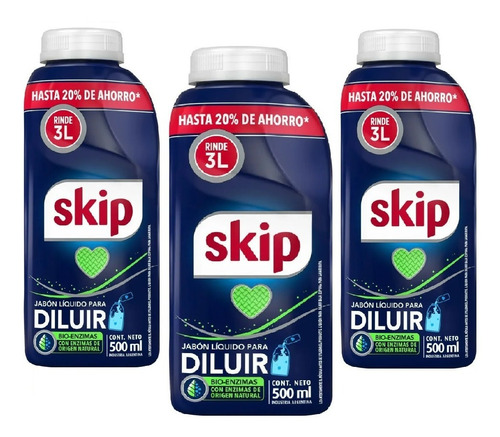 Pack Jabon Liquido Skip Para Ropa Diluible 3 Un X 500 Ml