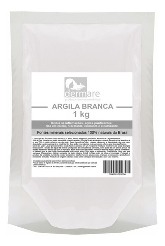 Argila Branca 1kg Em Pó Facial Corporal - Dermare Cosméticos