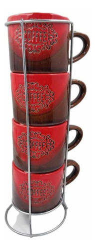 Set De 4 Mugs Tazas Rojas De Cafe En Torre Rack Apilable