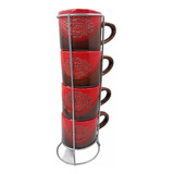 Set De 4 Mugs Tazas Rojas De Cafe En Torre Rack Apilable