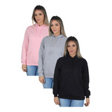 Kit 3 Moletom Liso Algodão Feminino Blusa De Frio Canguru