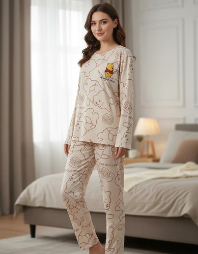 Pijama Beige Crema Manga Larga Conjunto Con Camison Pooh | Meses sin interés